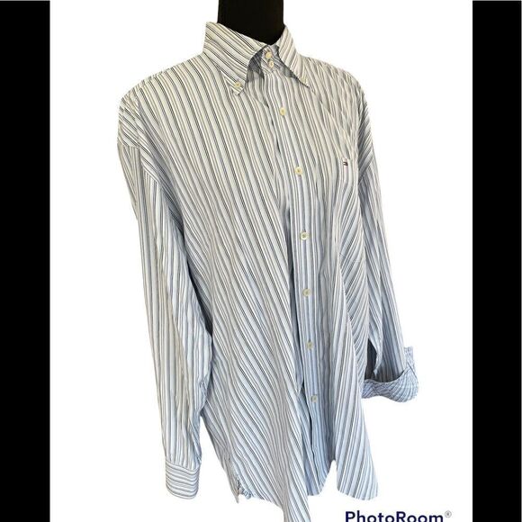 Tommy Hilfiger 80’s 2 ply fabric button front/collar blue striped shirt, sz L - Picture 5 of 8